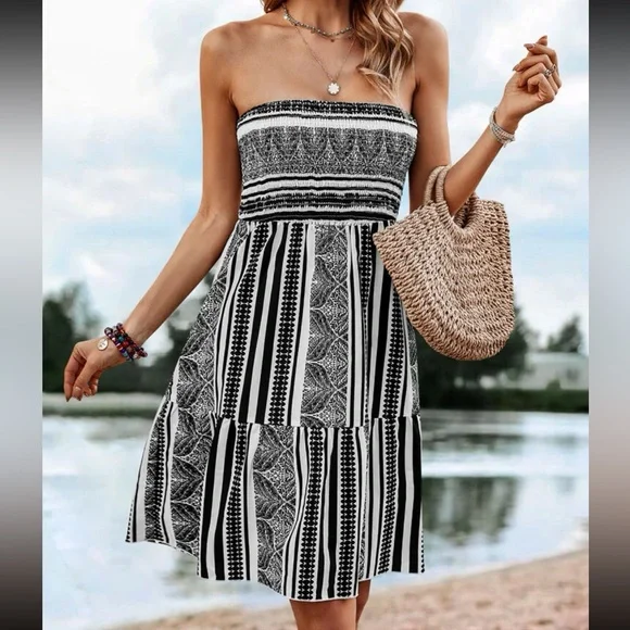 Dresses Boho Paisleys Striped Print Ruffle Smocked Strapless Tube Top Dress Poshmark